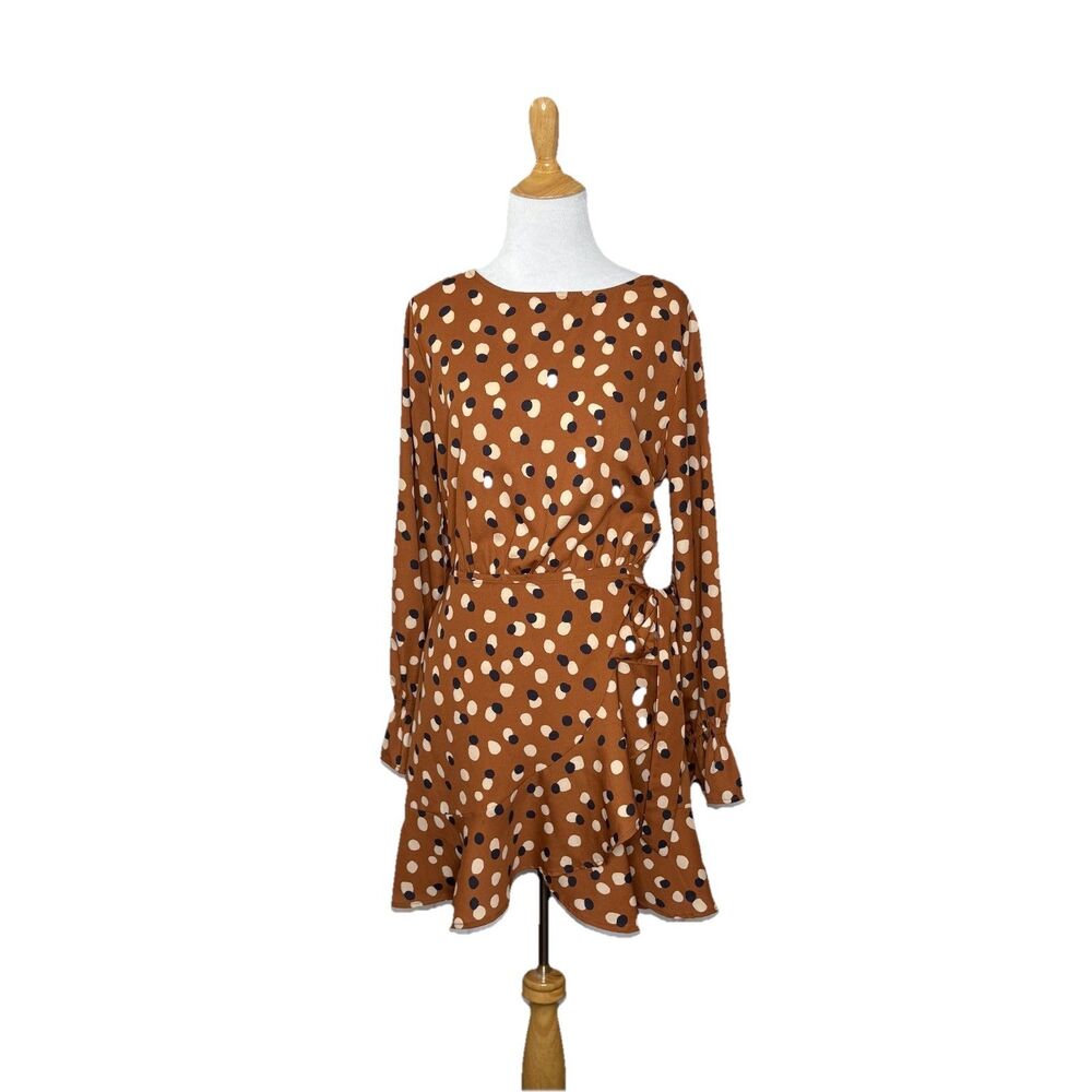 Aura Tyche Orange Polka Dot Scoop Neck Tie Waist Long Sleeve Dress Size Medium